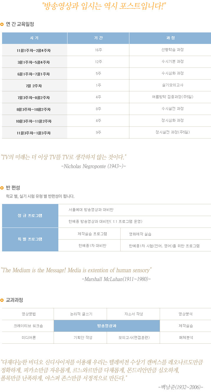 방송영상과 교육일정, 반편성, 교과과정